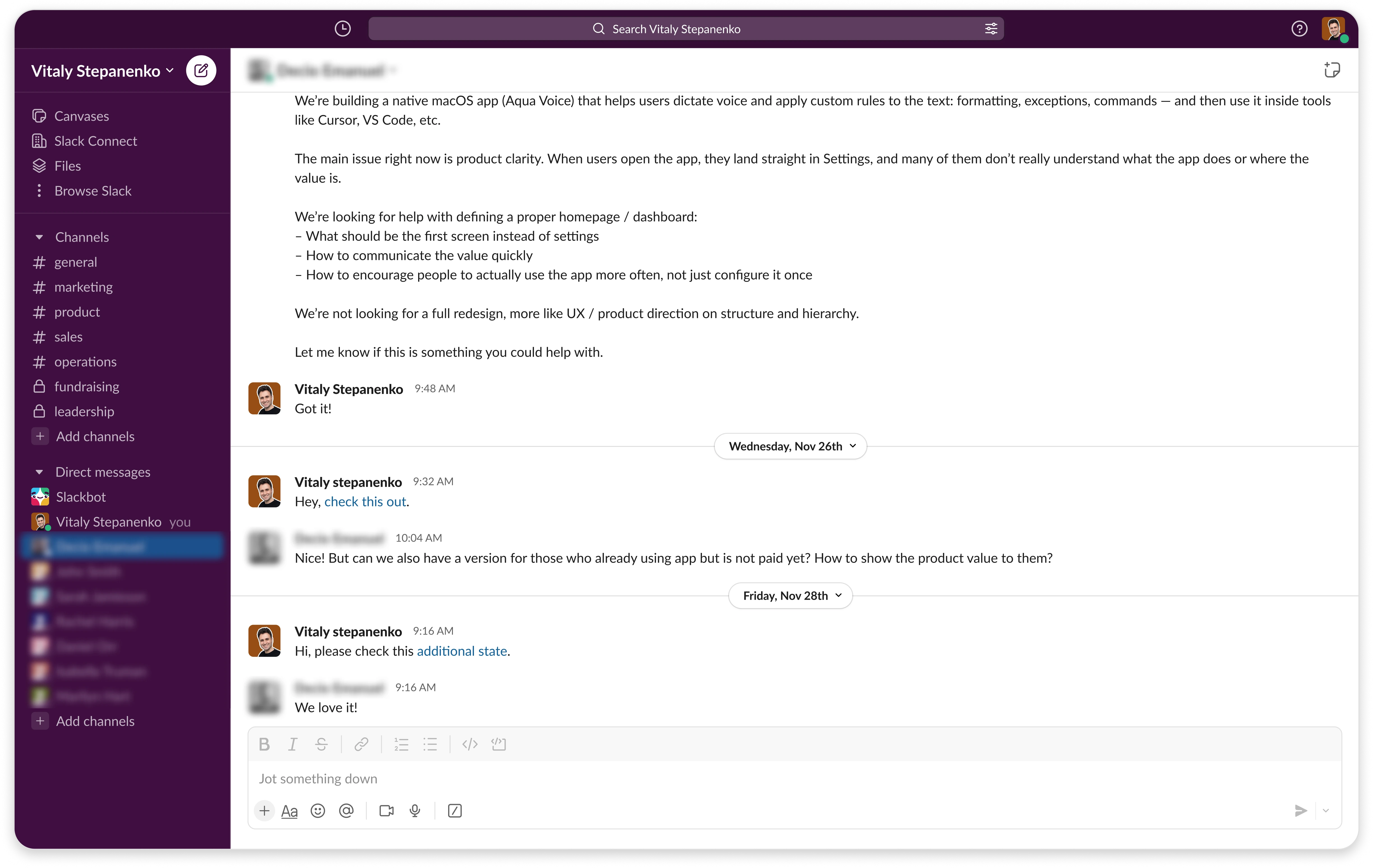 Anonymized client feedback approving the additional dashboard state for engaged users.