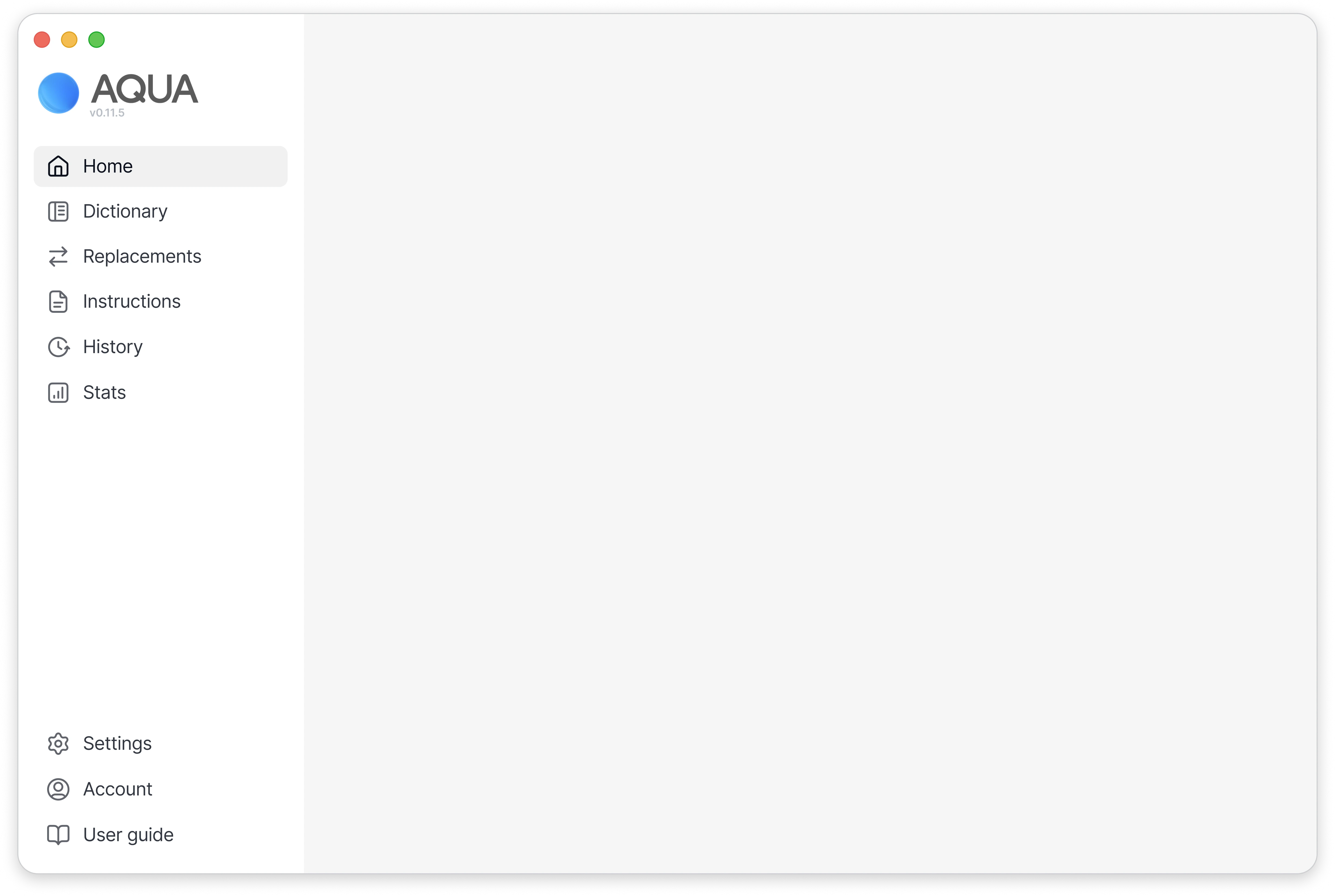 Aqua Voice dashboard iteration with primary navigation grouped above settings and account items.