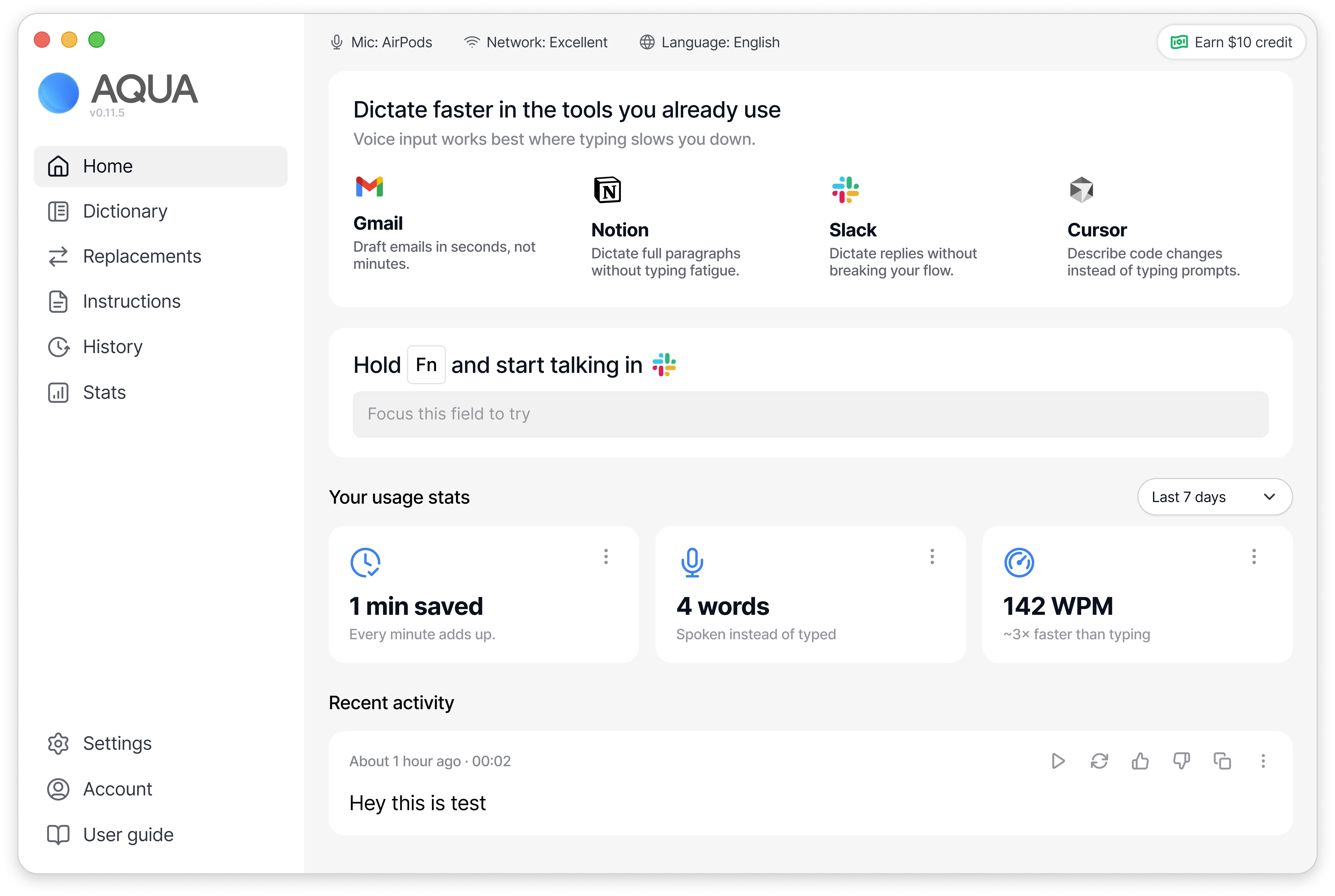 Aqua Voice dashboard iteration showing time saved, words dictated, typing speed and recent activity.