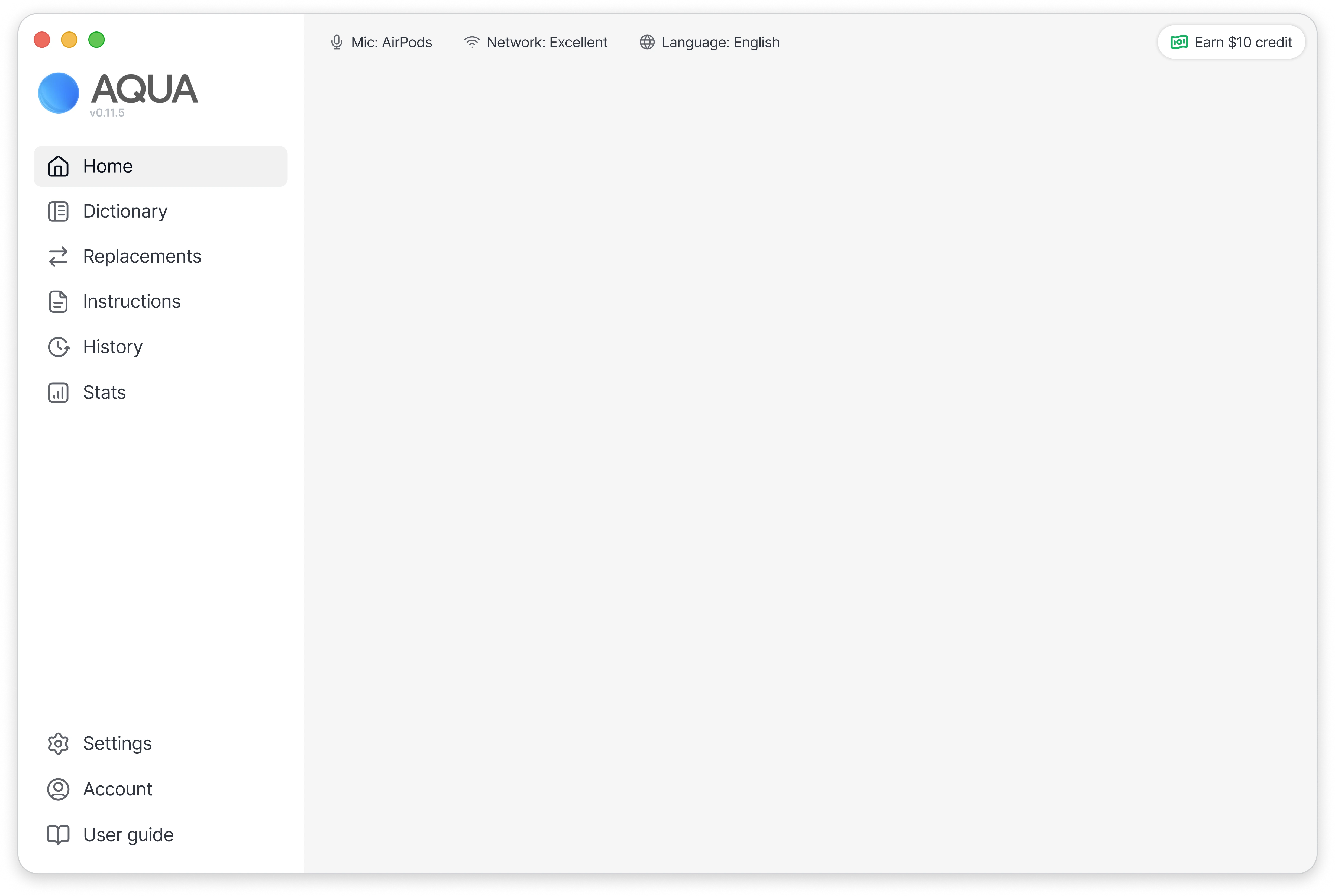 Aqua Voice dashboard iteration showing microphone, network and language statuses in the header.