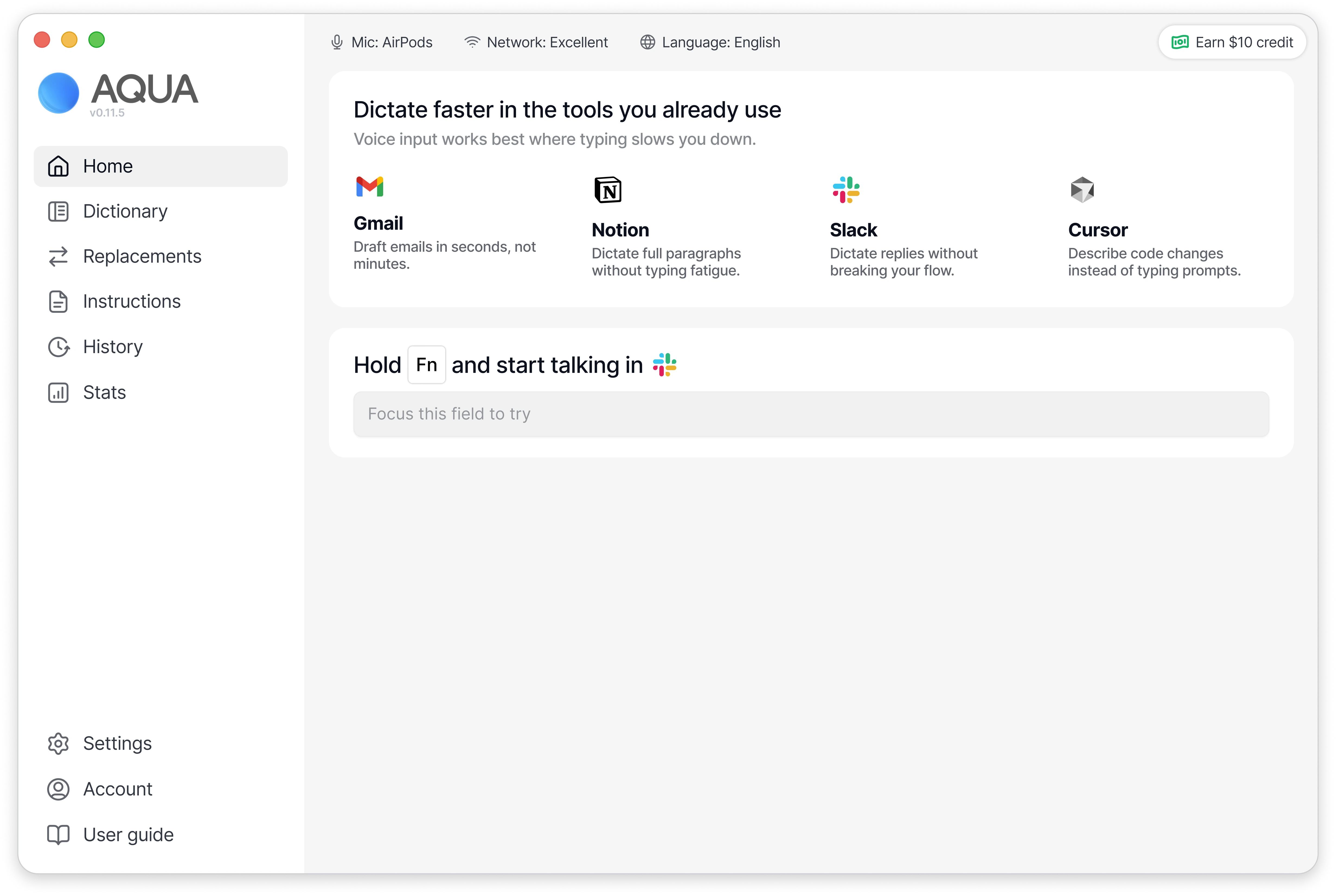 Aqua Voice dashboard iteration explaining practical use cases and providing an in-app dictation tryout.