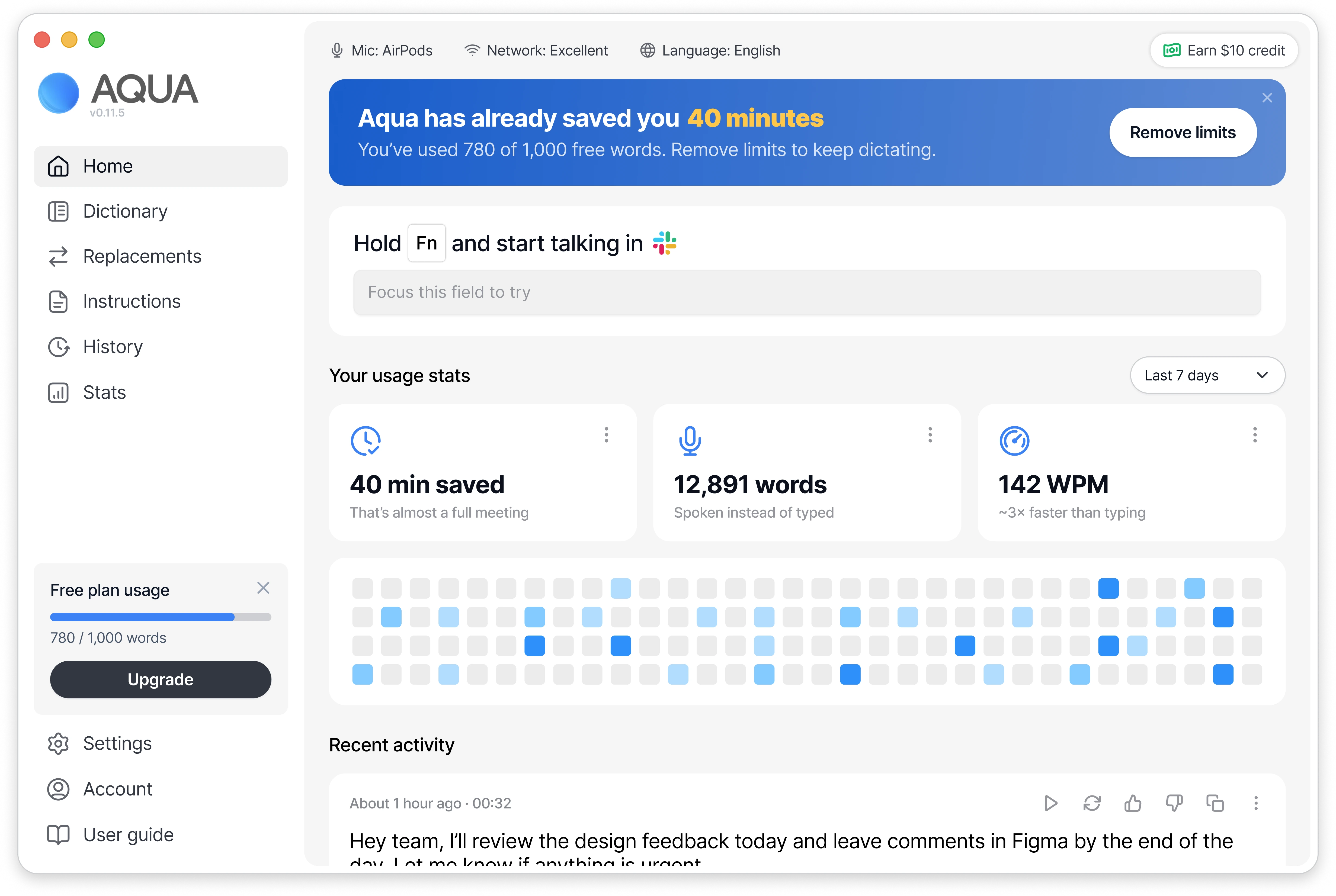 Aqua Voice engaged-user dashboard with usage data, free-plan limits and upgrade banner.