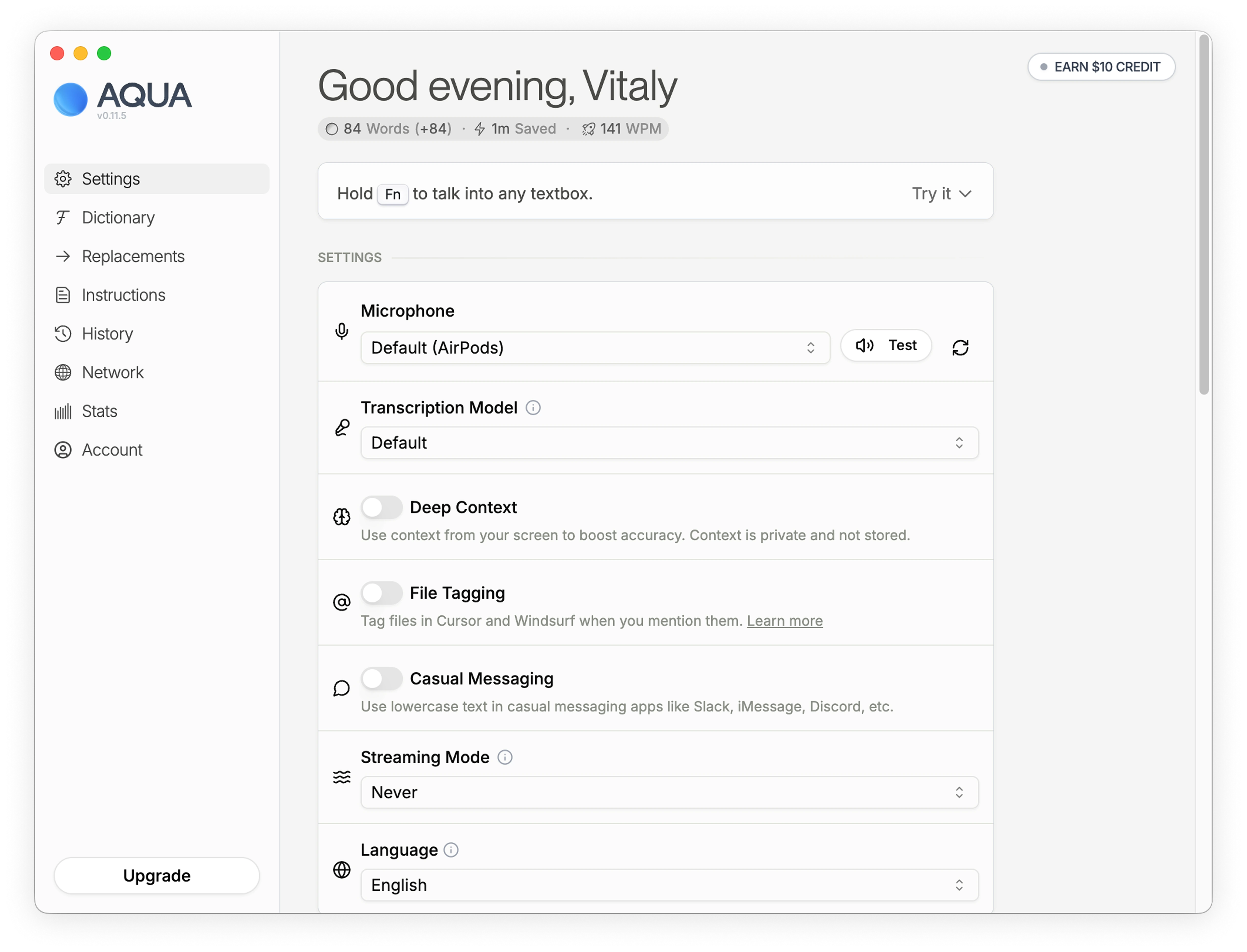 Original Aqua Voice macOS first screen showing a settings-heavy layout.