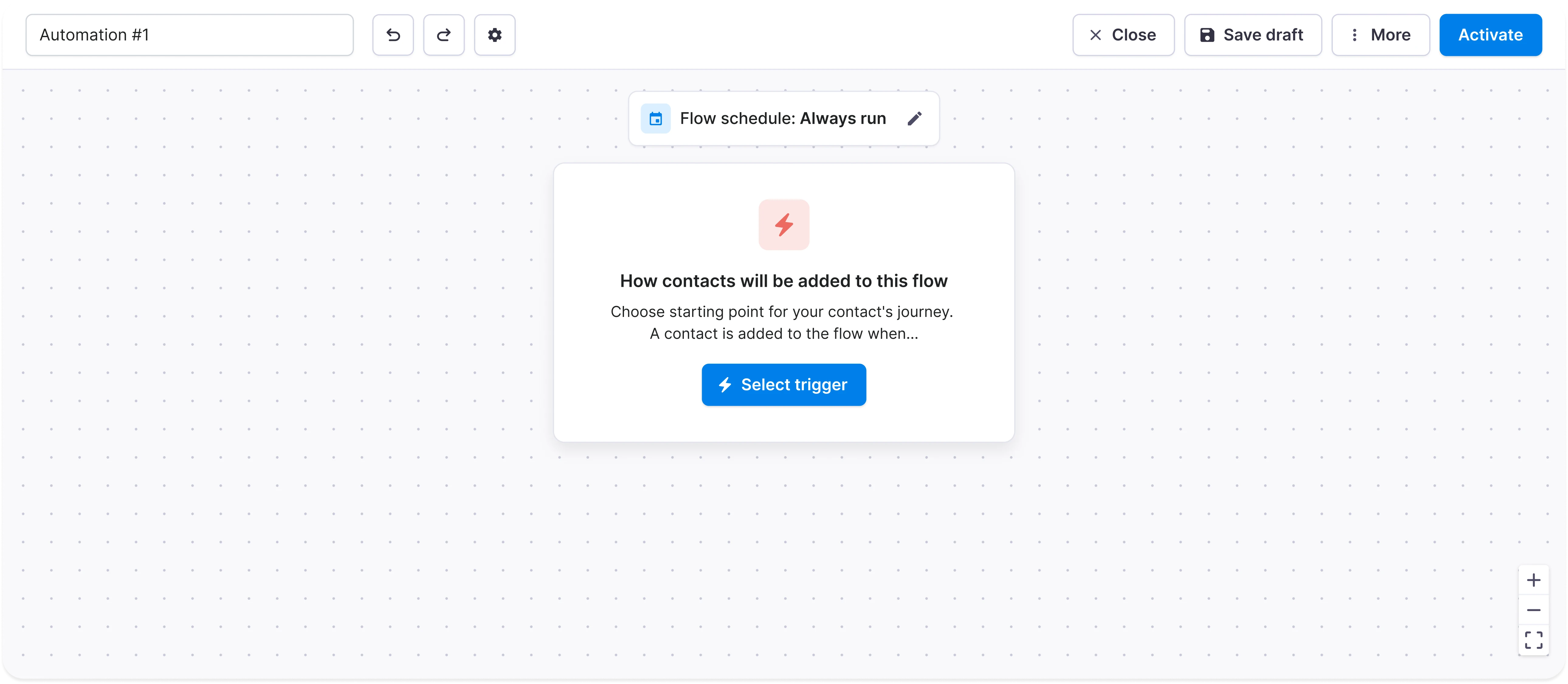 The automation builder empty state, focused on selecting the first trigger.
