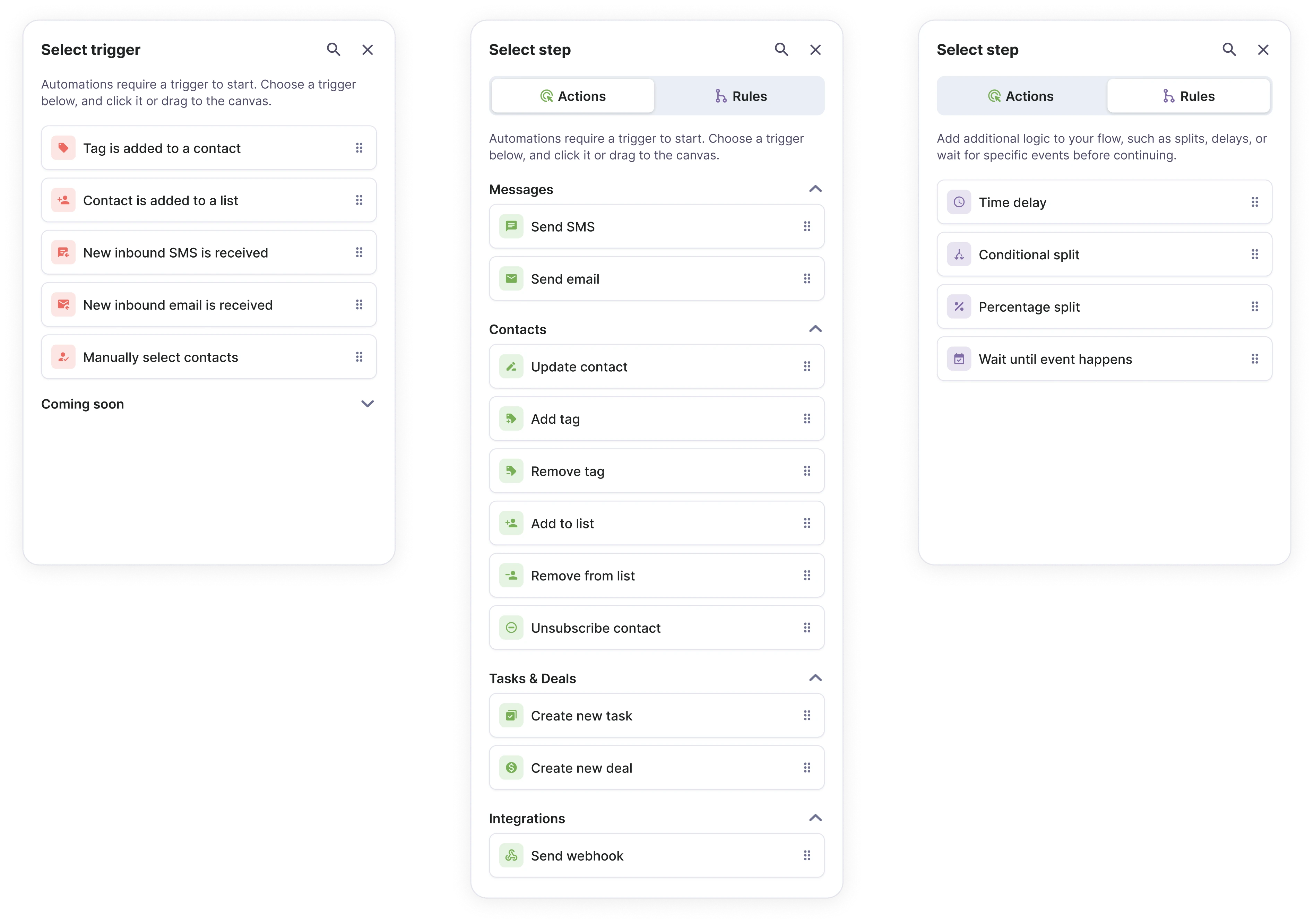 Trigger, action and rule sidebars from the automation builder.