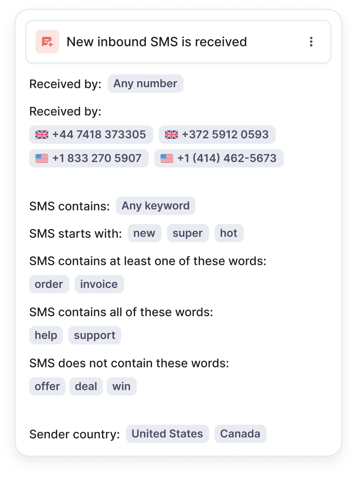 Expanded automation trigger card showing multiple phone numbers, keywords and countries.
