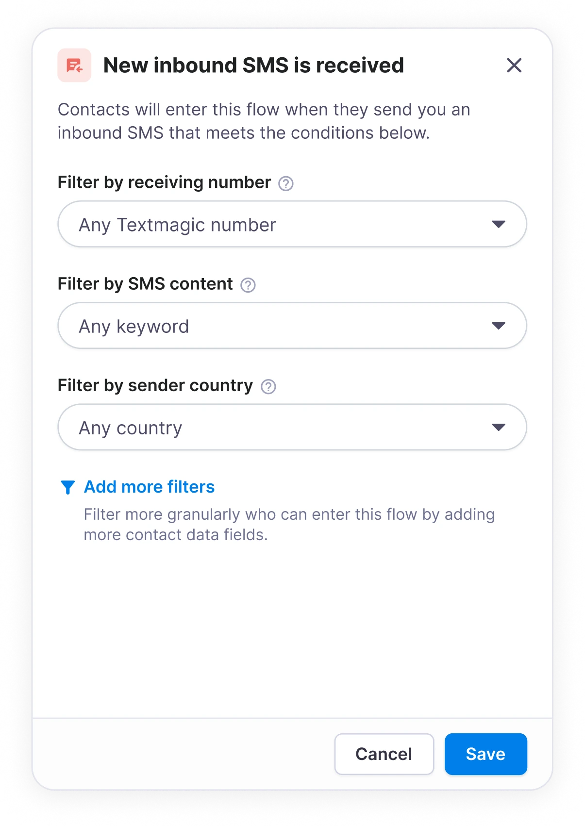 Default trigger configuration with empty receiving number, SMS content and country filters.