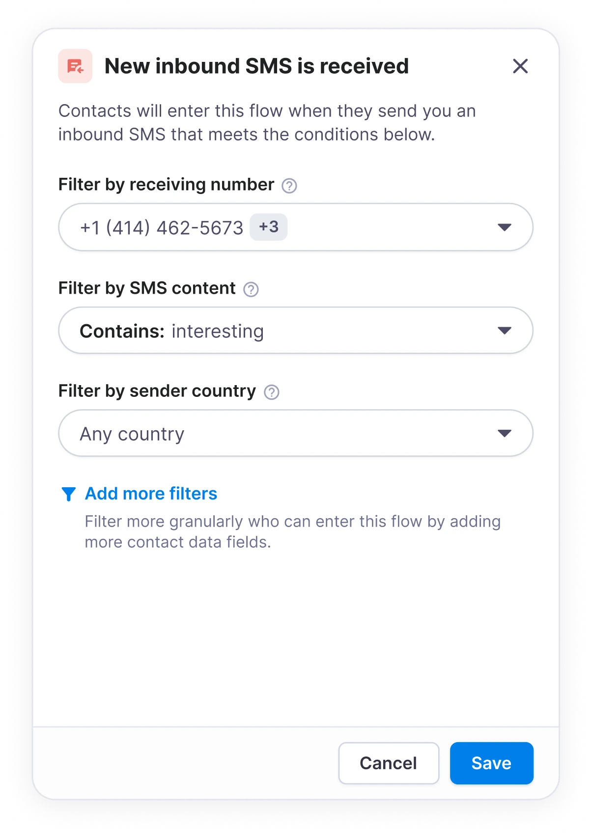 Completed trigger filters for receiving number and SMS content.