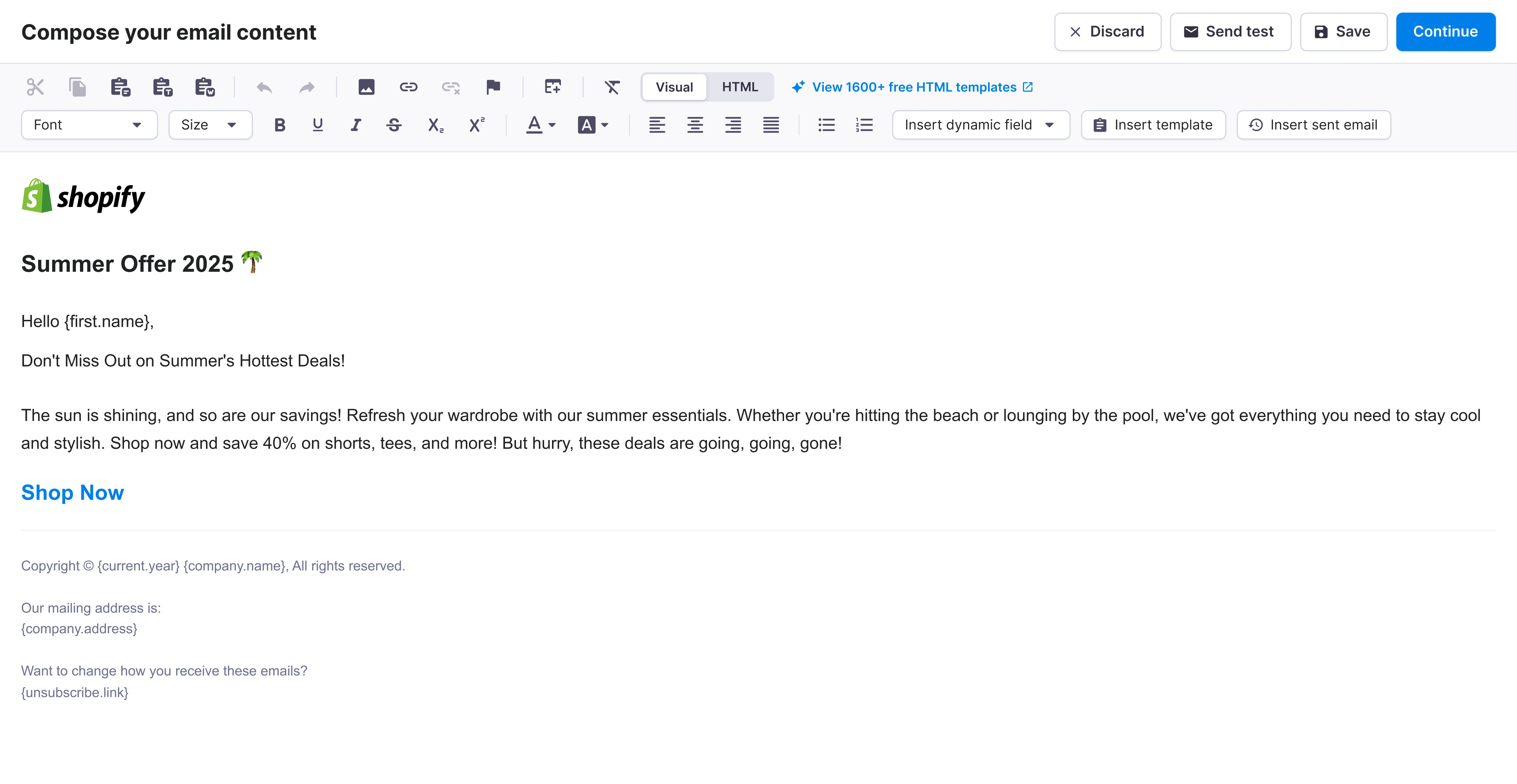 Visual email content editor inside the Compose flow.