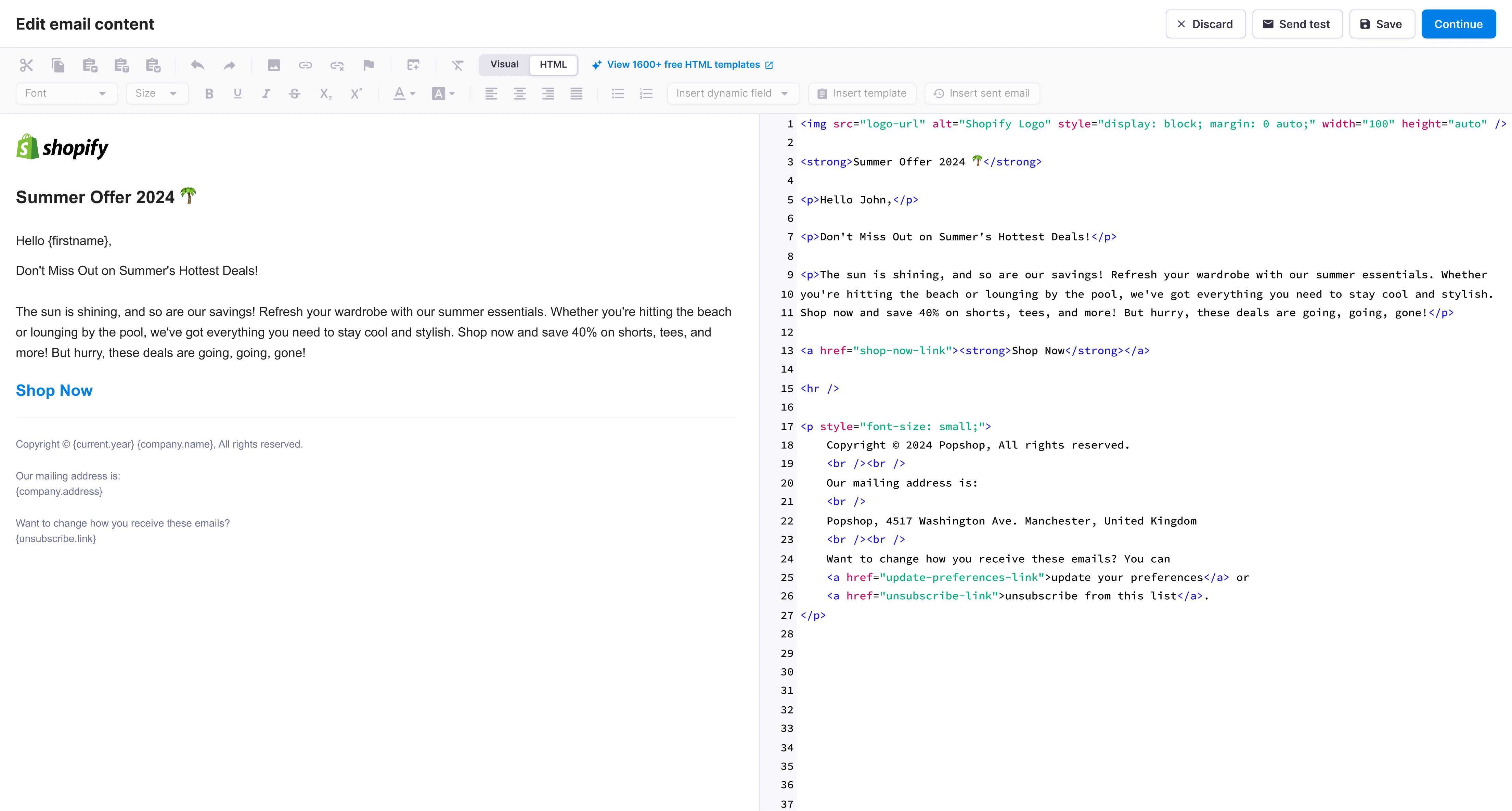 HTML editing mode with the rendered email preview.