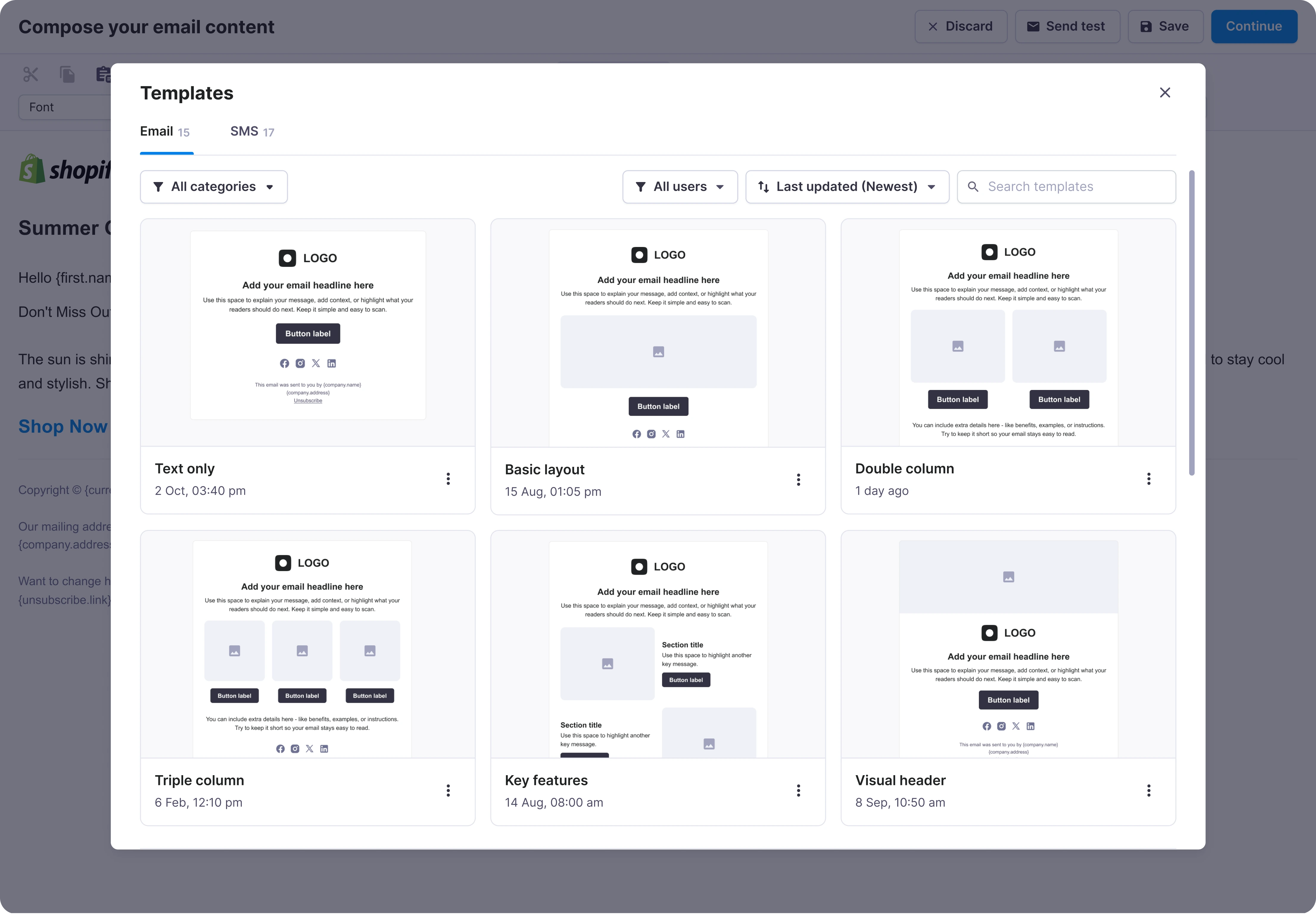 Email template library in the editor.