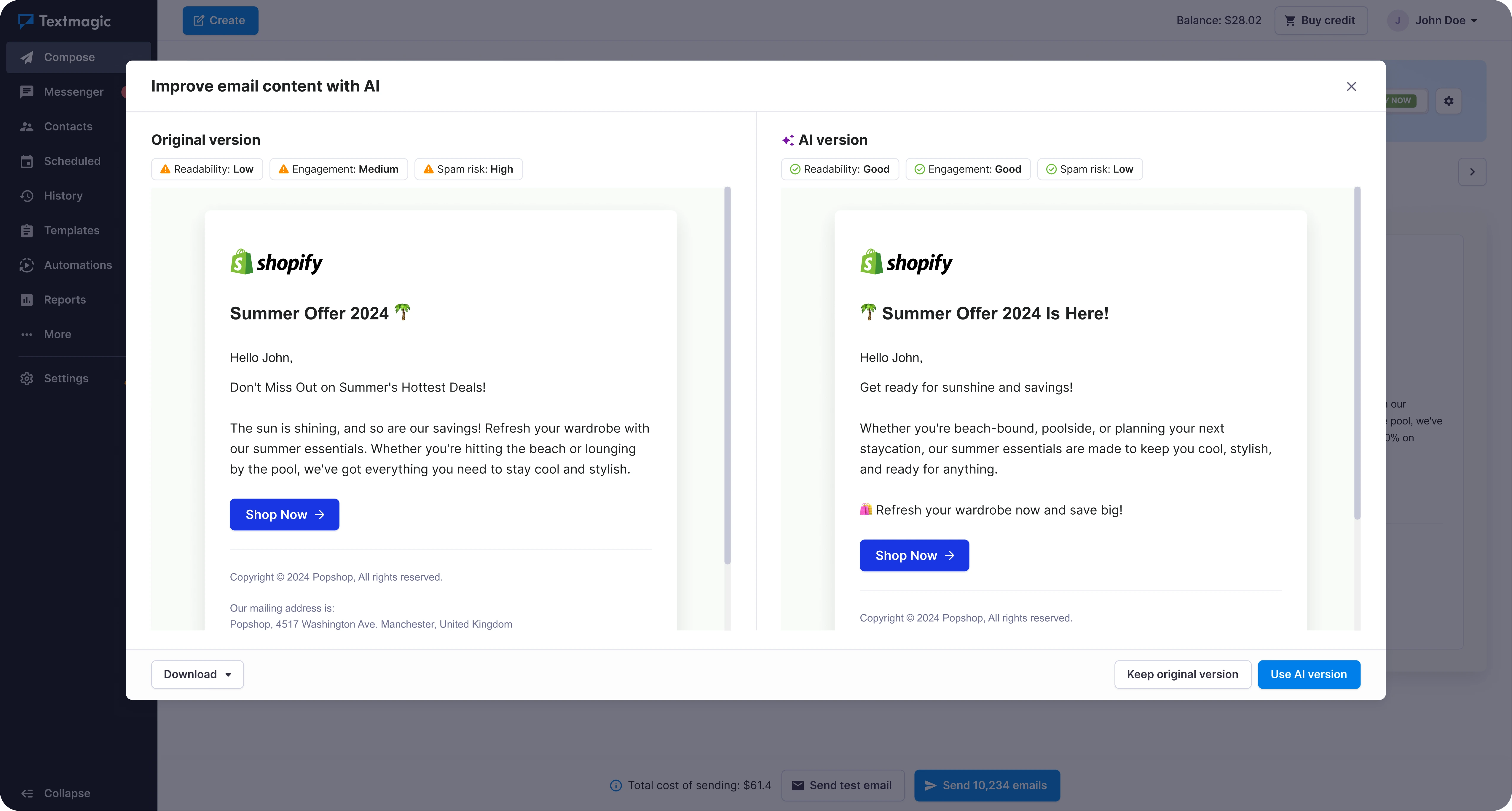 AI-assisted editing in the email content flow.