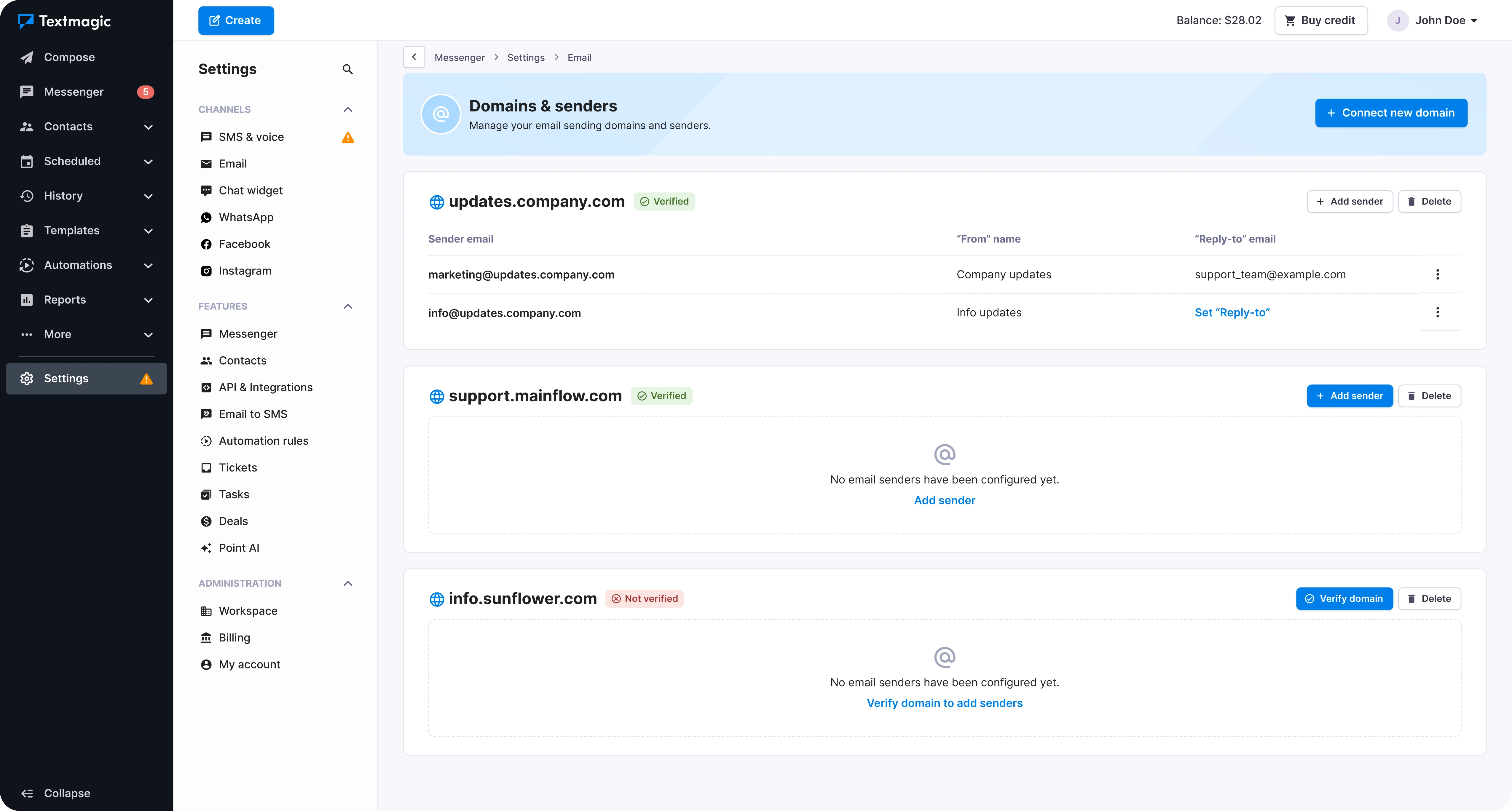 Sending-domain settings for email.
