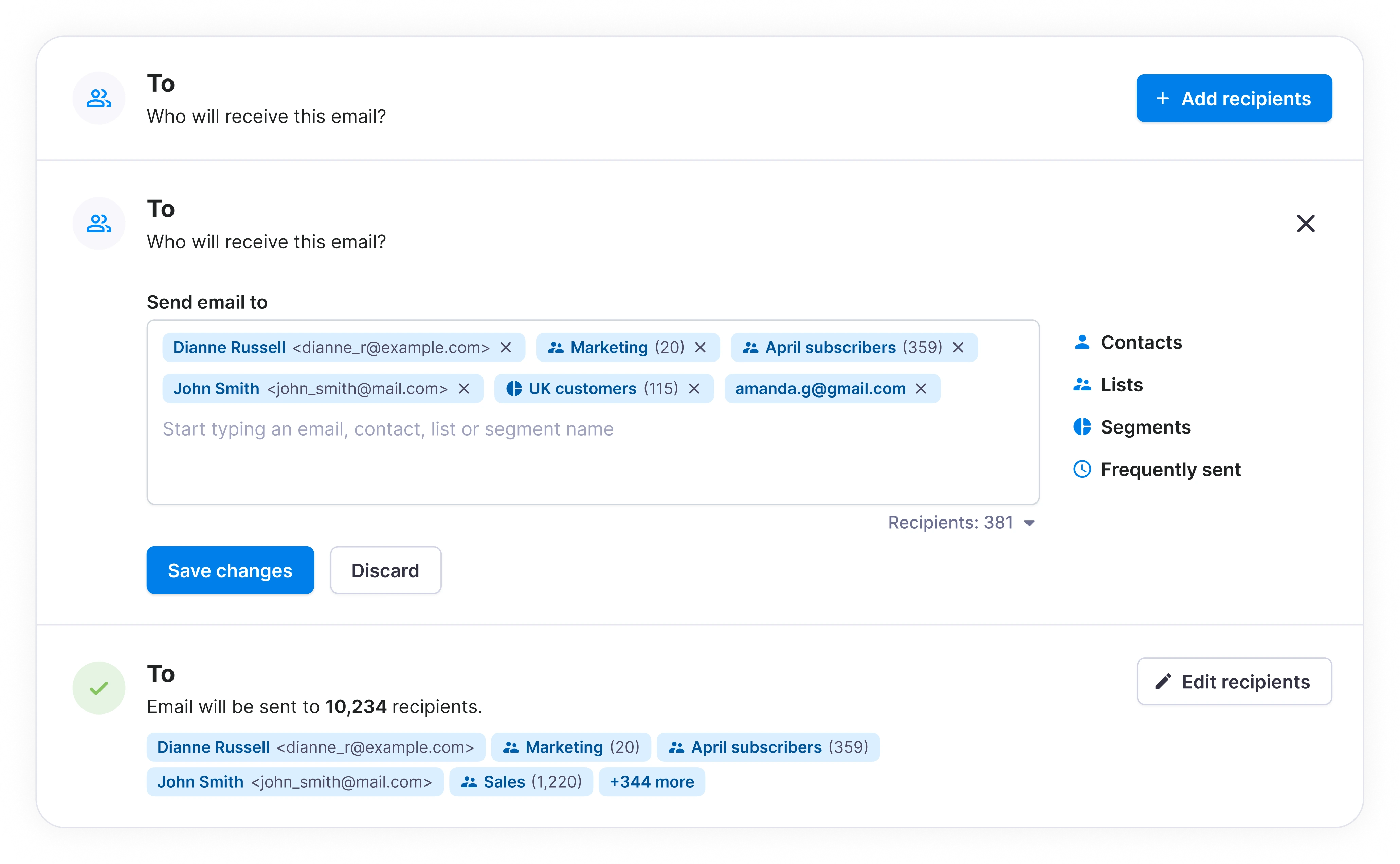 Recipient setup in default, active and completed states.