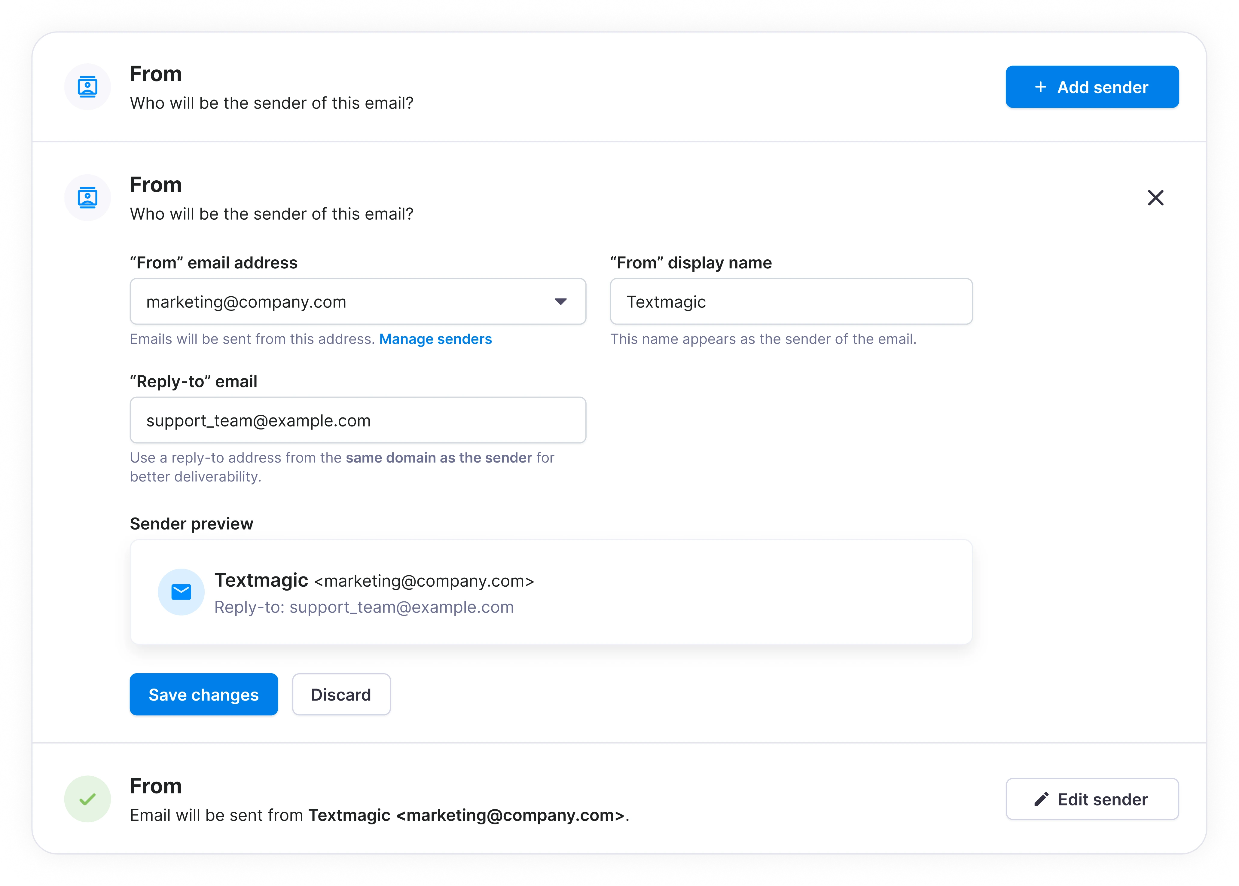 Sender setup in default, active and completed states.