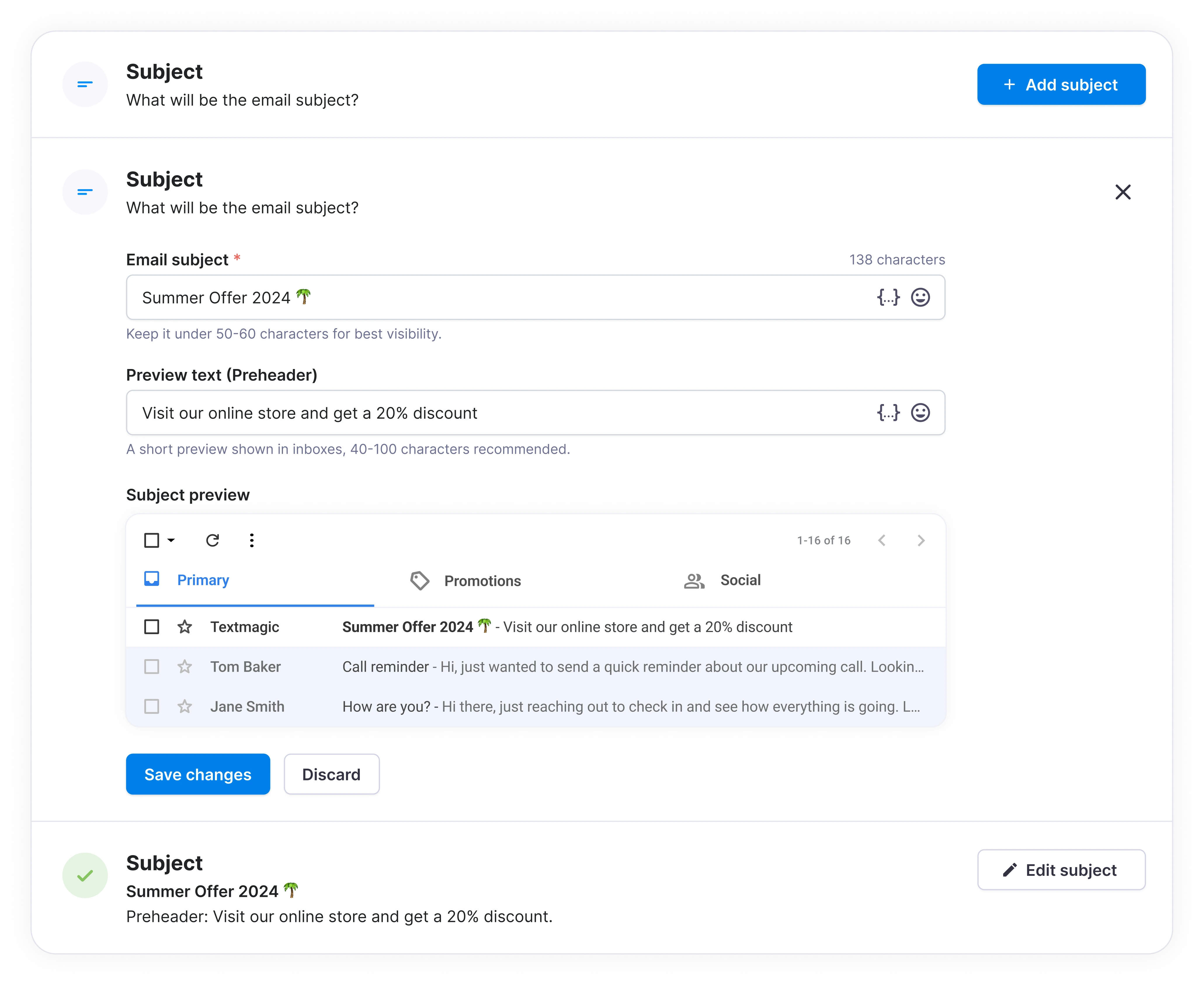 Subject setup and preview in default, active and completed states.