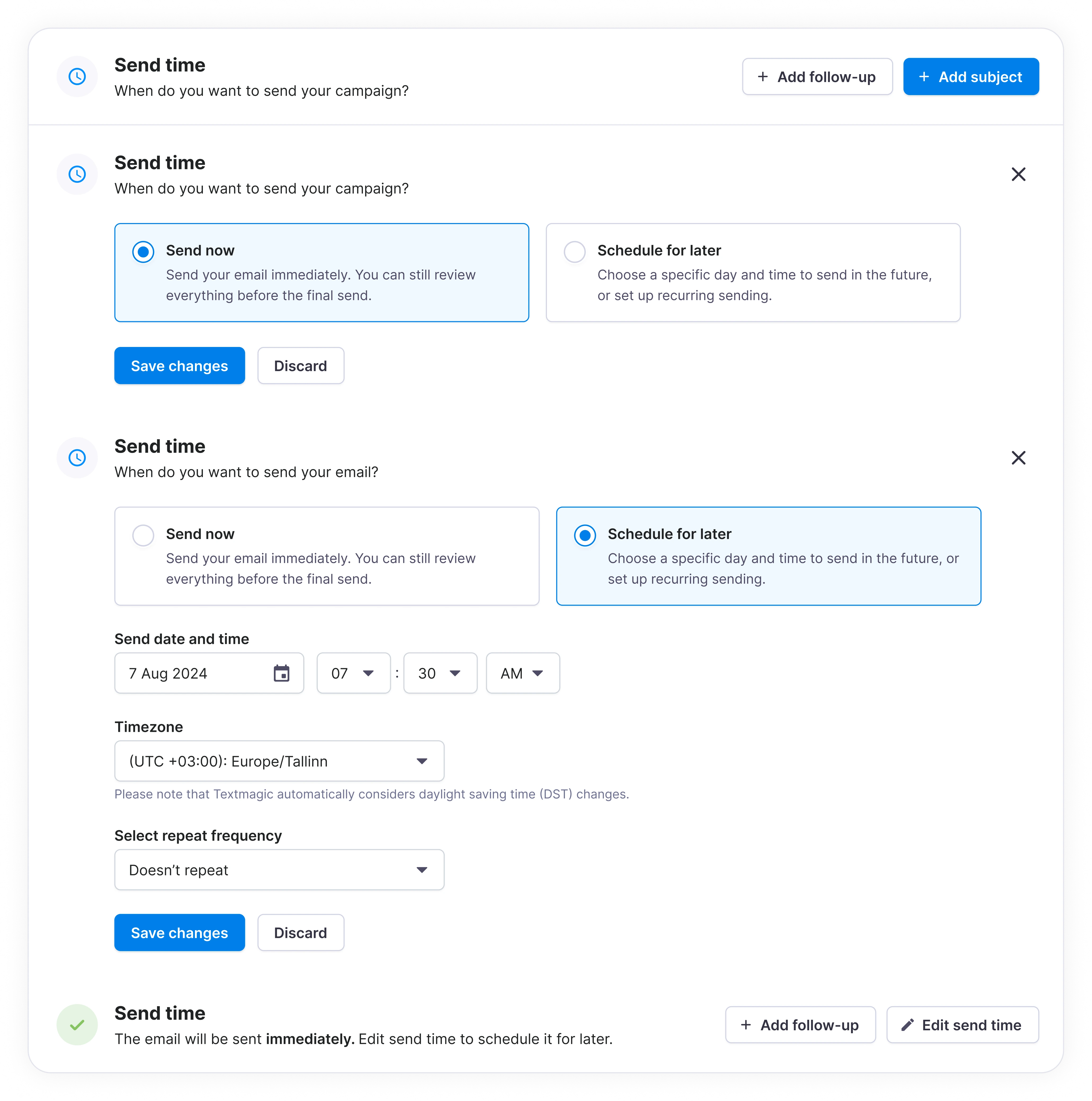 Send-time setup for immediate and scheduled messages.