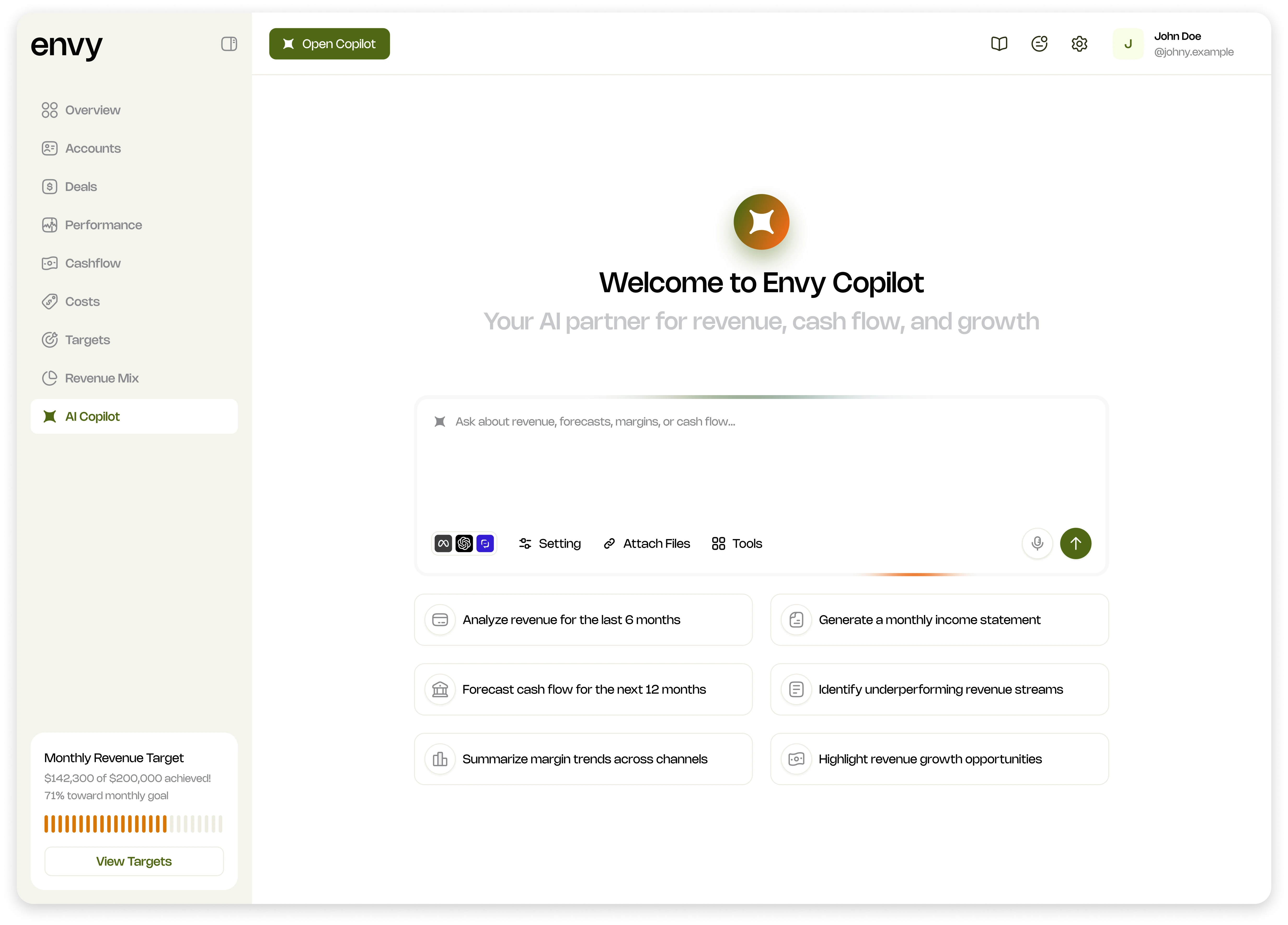 Envy AI Copilot concept for asking questions about financial data.