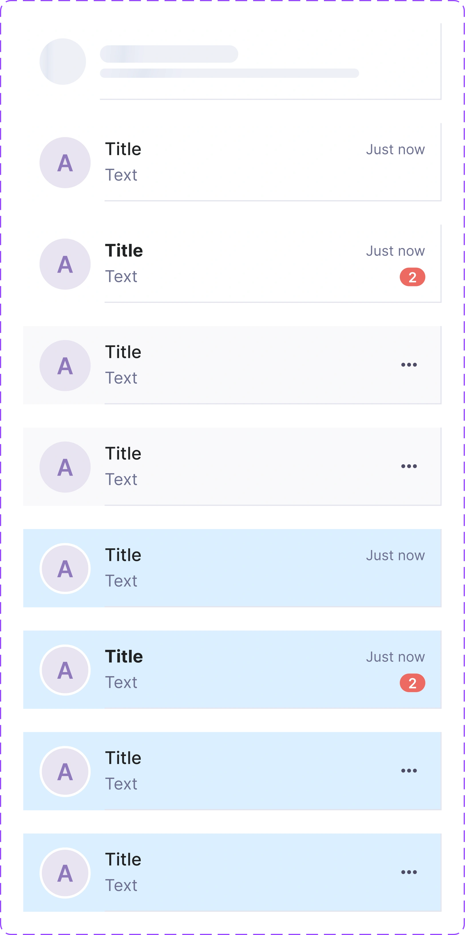Chat row variants for unread, active, hover and other conversation states.