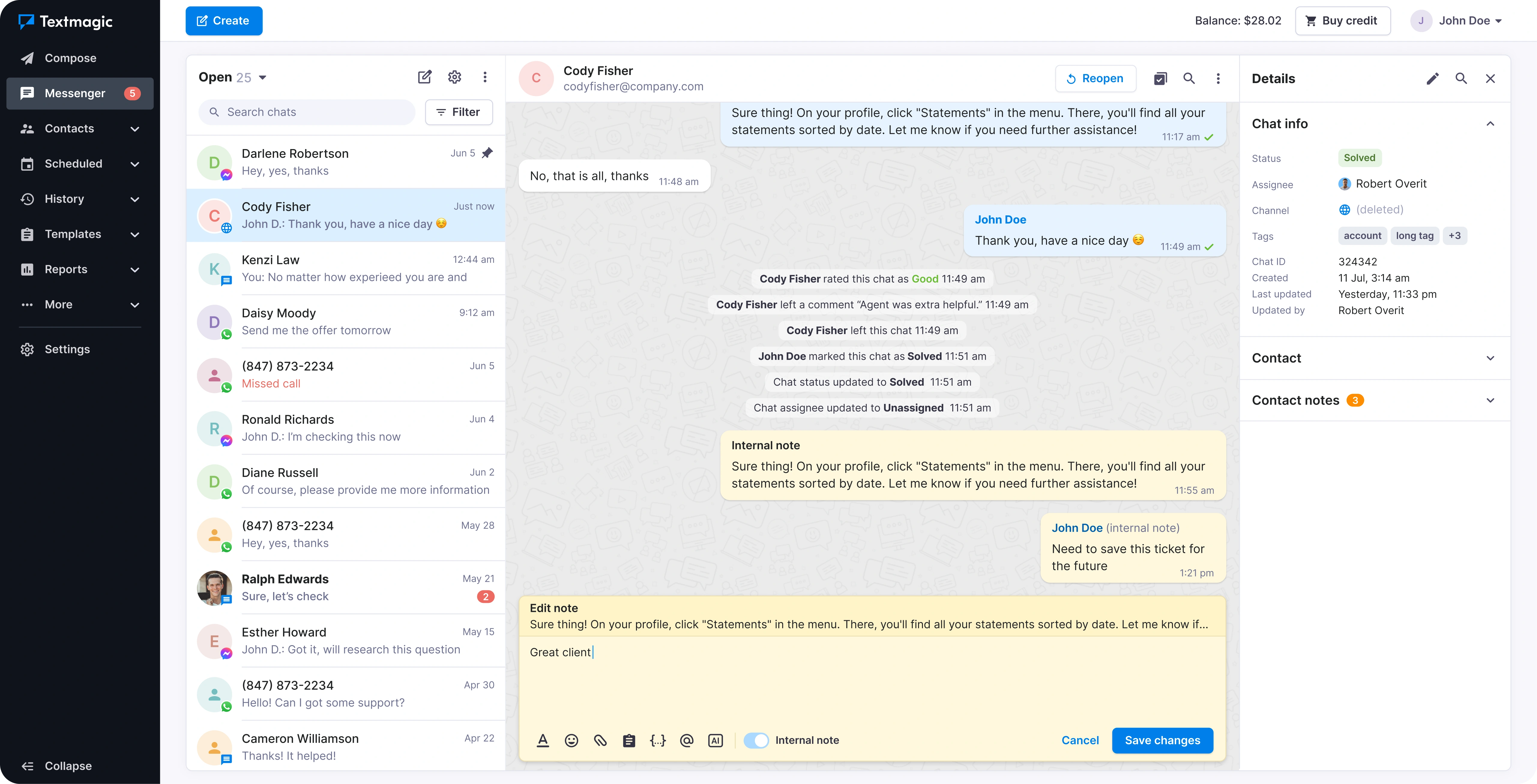 Editing a note inside a Messenger conversation.